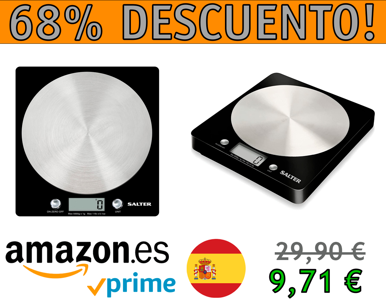 BÁSCULA DE COCINA DIGITAL CON PLATAFORMA DE VIDRIO Y CAPACIDAD 5KG MARCA SALTER