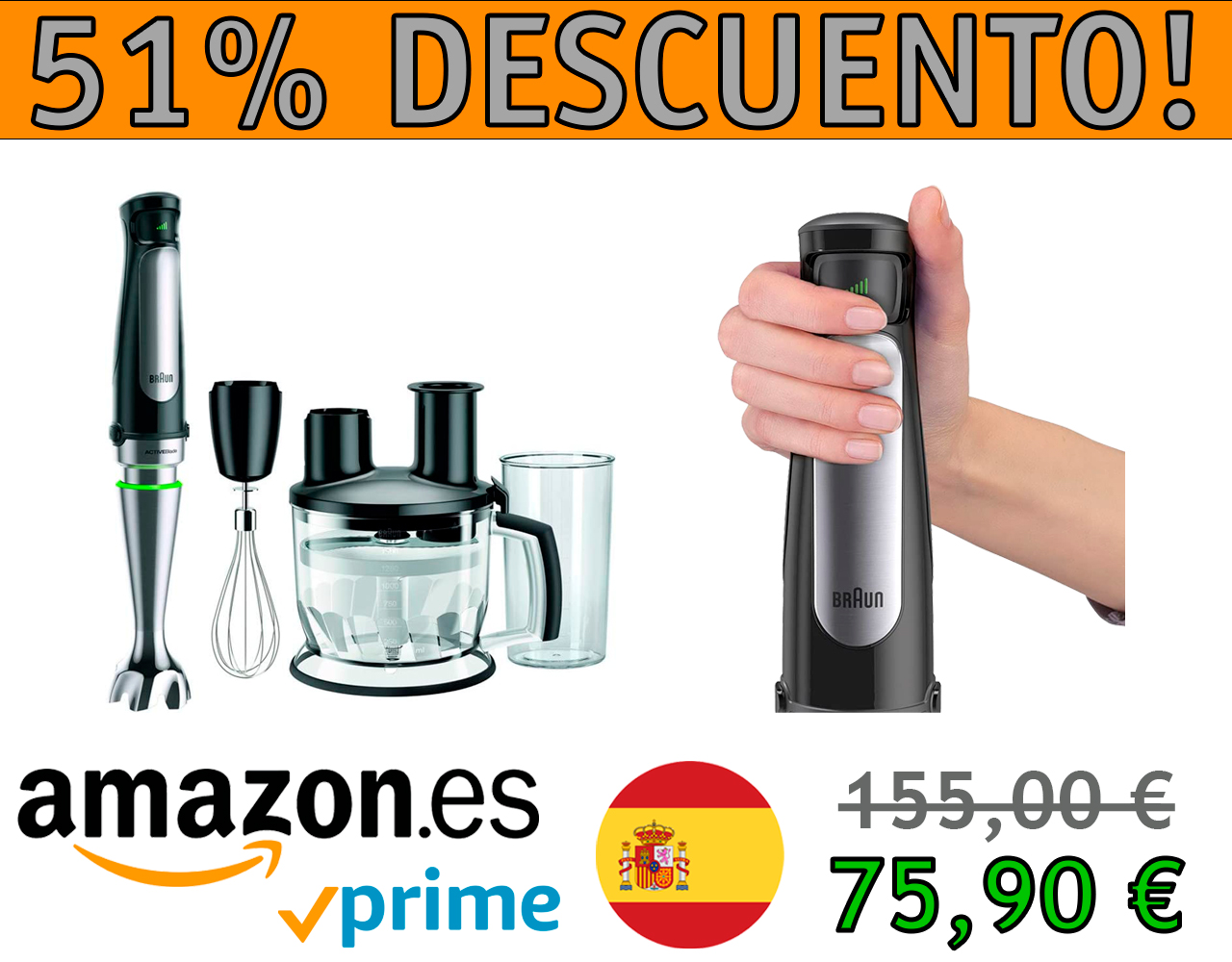 BATIDORA DE MANO BRAUN MINIPIMER 7 MQ7075X (VARILLAS, PROCESADOR DE ALIMENTOS CON 3 FUNCIONES, VASO 600ML)