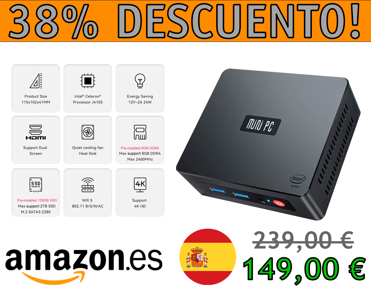 MINI PC BEELINK GK35, PENTIUM J4205, 8GB DDR3, 128GB SSD, DUAL HDMI