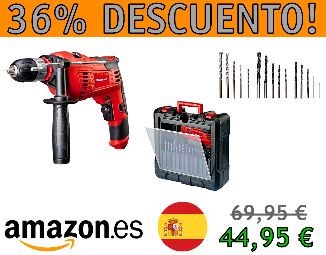 TALADRO PERCUTOR EINHEL CON CABLE DE 1010 W, 230 V, 3.000 RPM Y 15 PIEZAS DE PERFORACIÓN