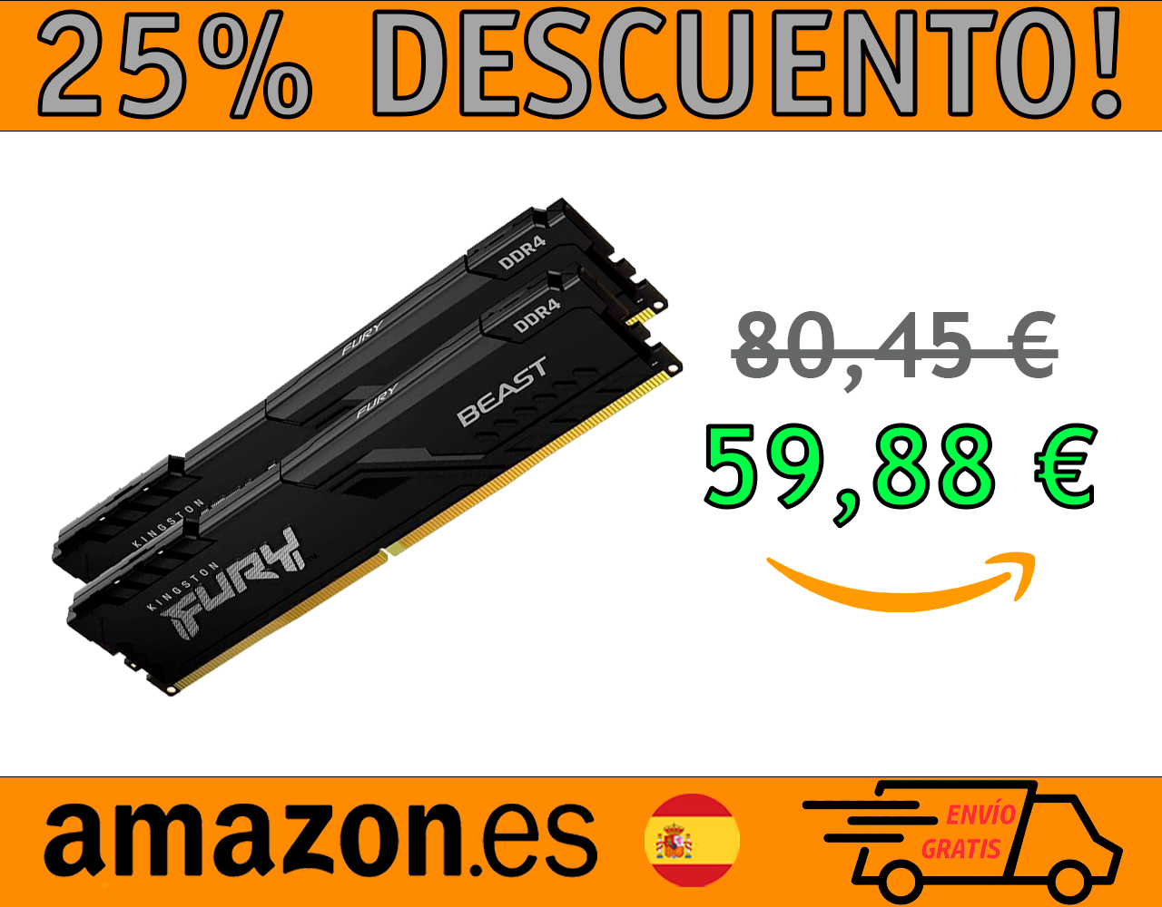 MEMORIA KINGSTON DDR4 CL16 FURY BEAST DE 16 GB (2X8 GB)