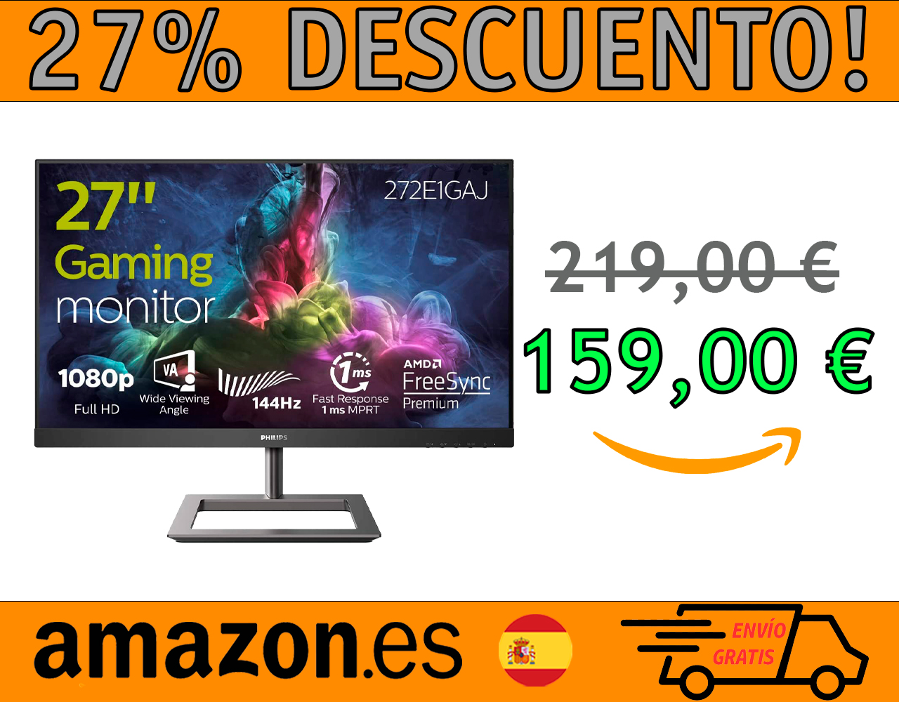 MONITOR PHILIPS 27″ FHD, 144HZ, VA, FREESYNC PREMIUM