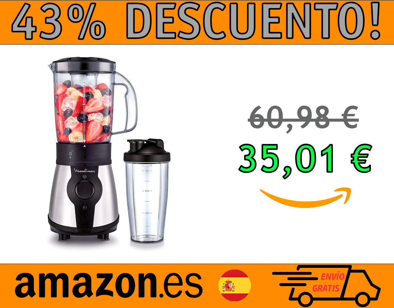BATIDORA DE VASO MOULINEX BLEND&GO LM1B1D DE 300 W