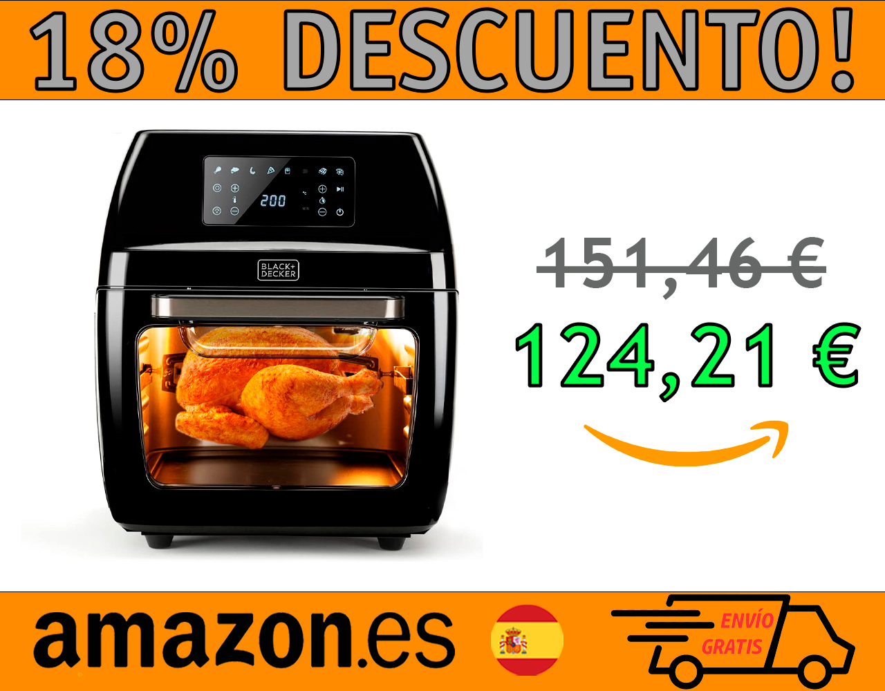 FREIDORA DE AIRE Y HORNO BLACK+DECKER 1700W 12L