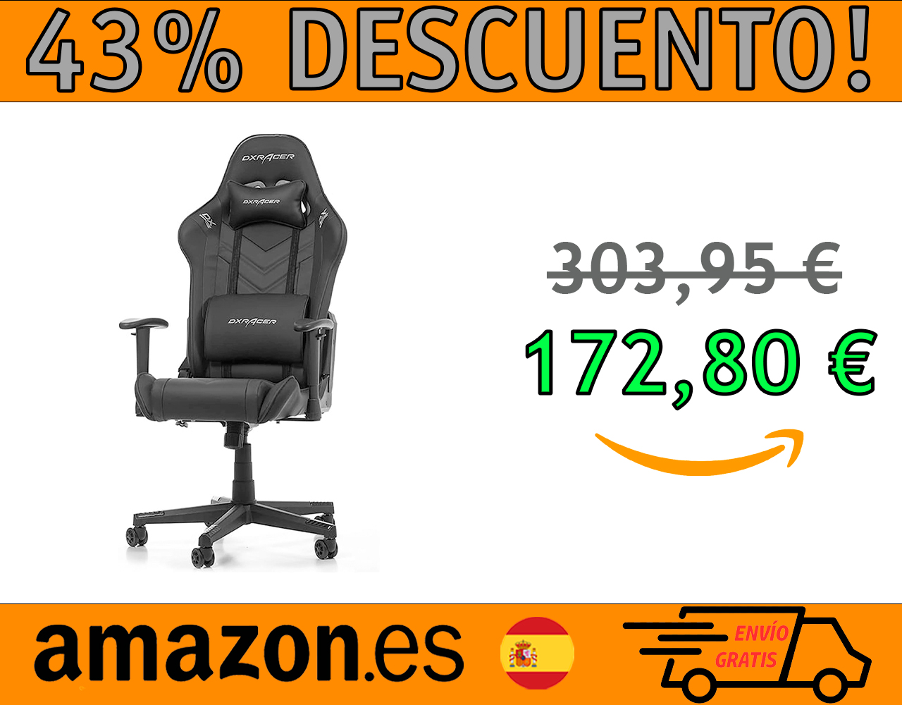 SILLA GAMING DXRACER PRINCE P132, POLIPIEL, NEGRO.
