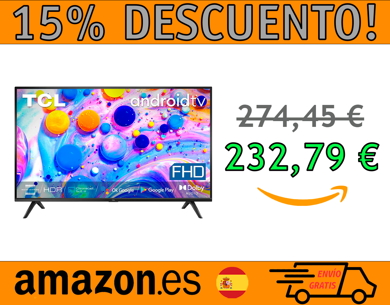 SMART TV DE 40″ FHD CON ANDROID TV TCL 40S5209