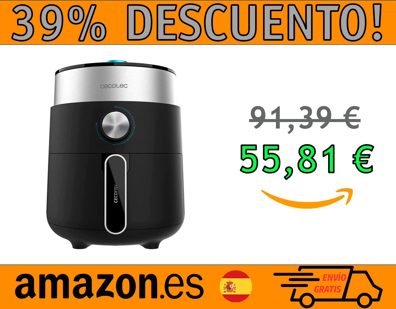 FREIDORA SIN ACEITE CECOTEC ESSENTIAL RAPID DARK 2.5 L, DE 1200W
