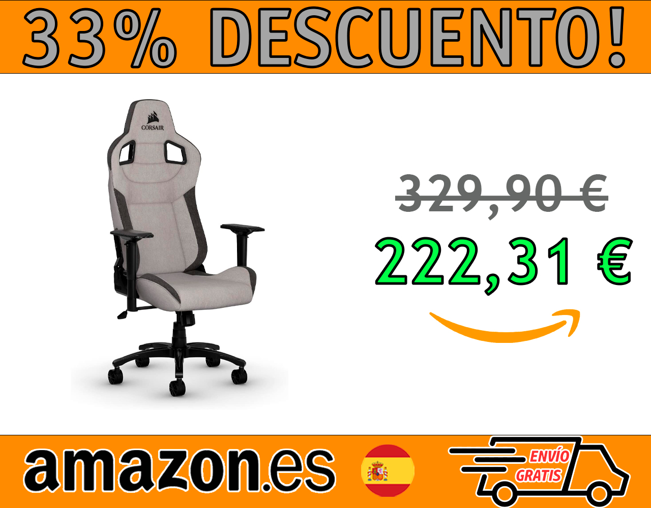 SILLA GAMING CORSAIR T3 RUSH, TEJIDO POLIÉSTER