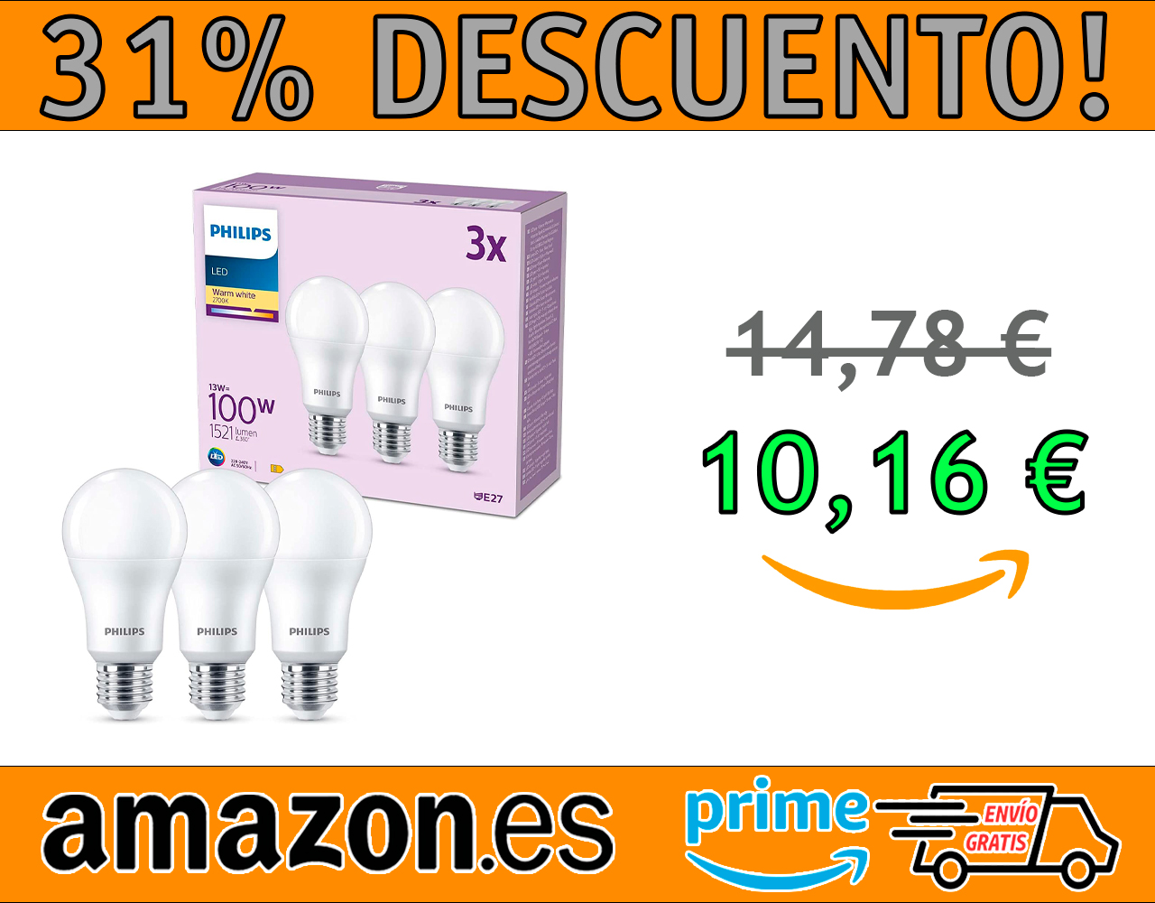 PACK 3 BOMBILLAS PHILIPS LED A60 13W (EQ. 100W)