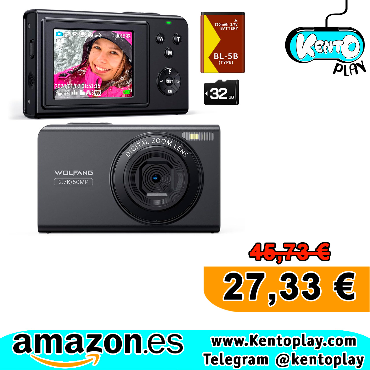 Cámara Digital Infantil 2,7K, 50MP + Memoria 32GB Wolfgang
