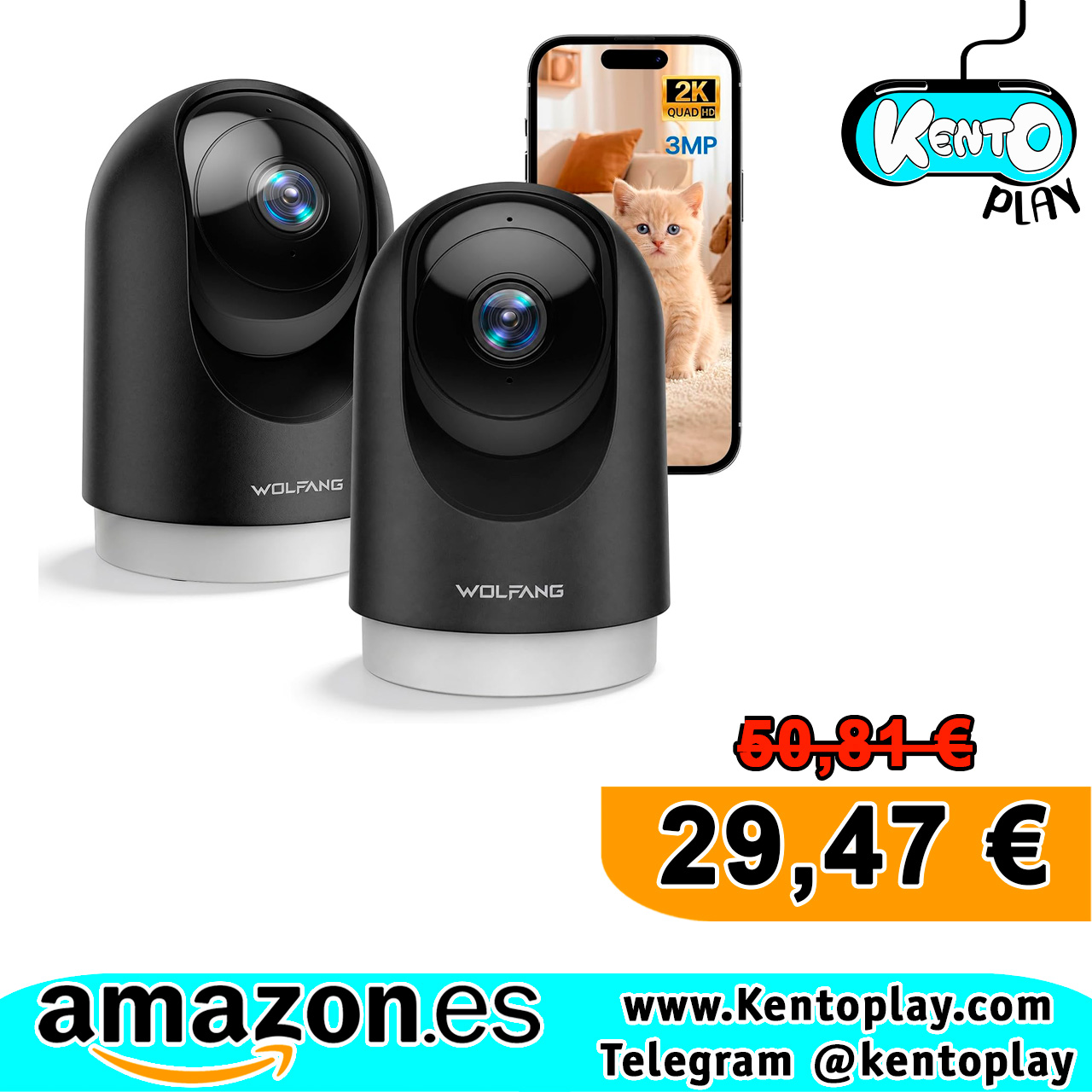 Pack de 2 Cámaras De Vigilancia Interior 2K WiFi 360° Compatible Alexa Wolfang.